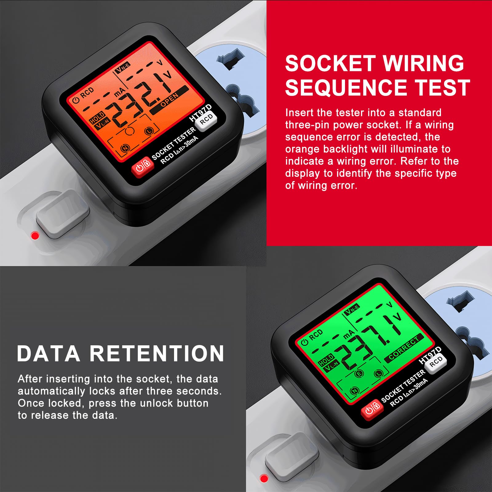 Steckdosenprüfgerät mit Spannungs und Frequenzanzeige, Steckdosentester mit RCD Prüfung und LCD Voltage Display, 6 Arten von Fehlerdiagnose, Leckspannungs und Stromanzeige, FI Test, 30-260V/45-65Hz