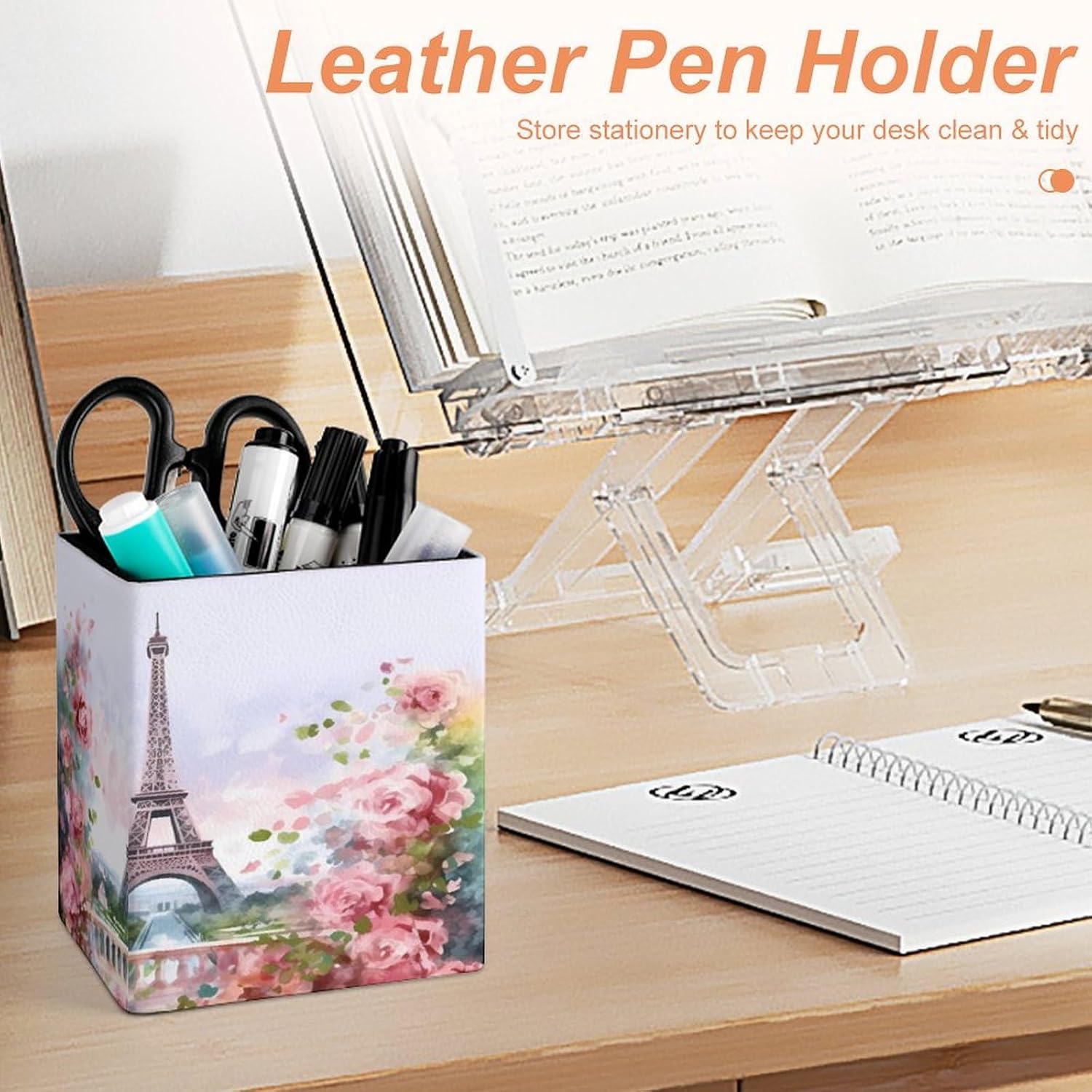 Square Pen Holder Paris Eiffel Tower With Flowers Desk Organizer Pencil Cup image 4