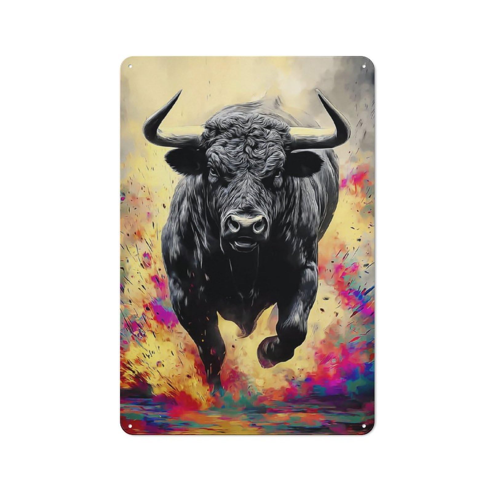 Junmoney Dynamic Bull In Vibrant Colors Vintage Tin Sign 30X20cm, Nostalgic Retro Room Decor For Bedroom, Office, Home Bar Or Dining Room