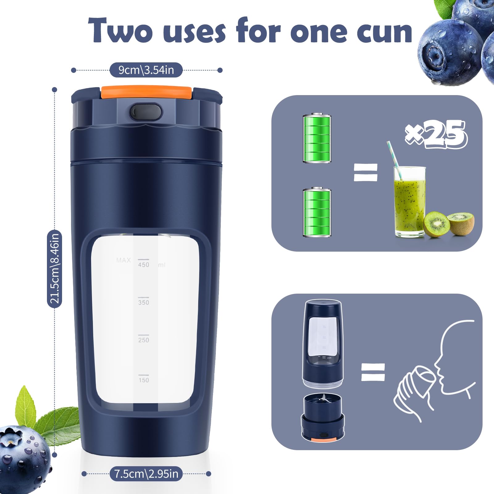 Lekki Przenośny Blender, ręczny mikser do owoców o pojemności 600 ml, mocny bezprzewodowy mini blender, z możliwością ładowania, smoothie, koktajle białkowe, kruszy lód i mrożone owoce (Niebieski)