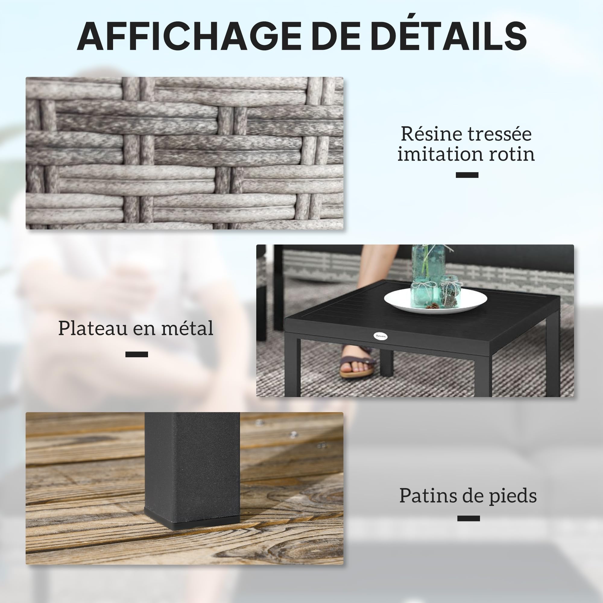 Outsunny Salon de Jardin Extérieur 5 Personnes Charge 120 kg Gris Clair | Salon de Balcon en Résine Tressée, Fauteuils, Pouf, Table Basse, Coussins Déhoussables Inclus