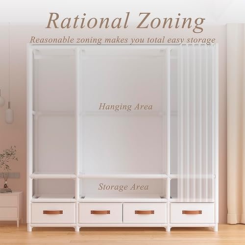 Miniatura 5 de Armario portátil, armarios portátiles para colgar ropa, armario de estilo japonés con 4 cajones, 3 varillas para colgar y 6 estantes de