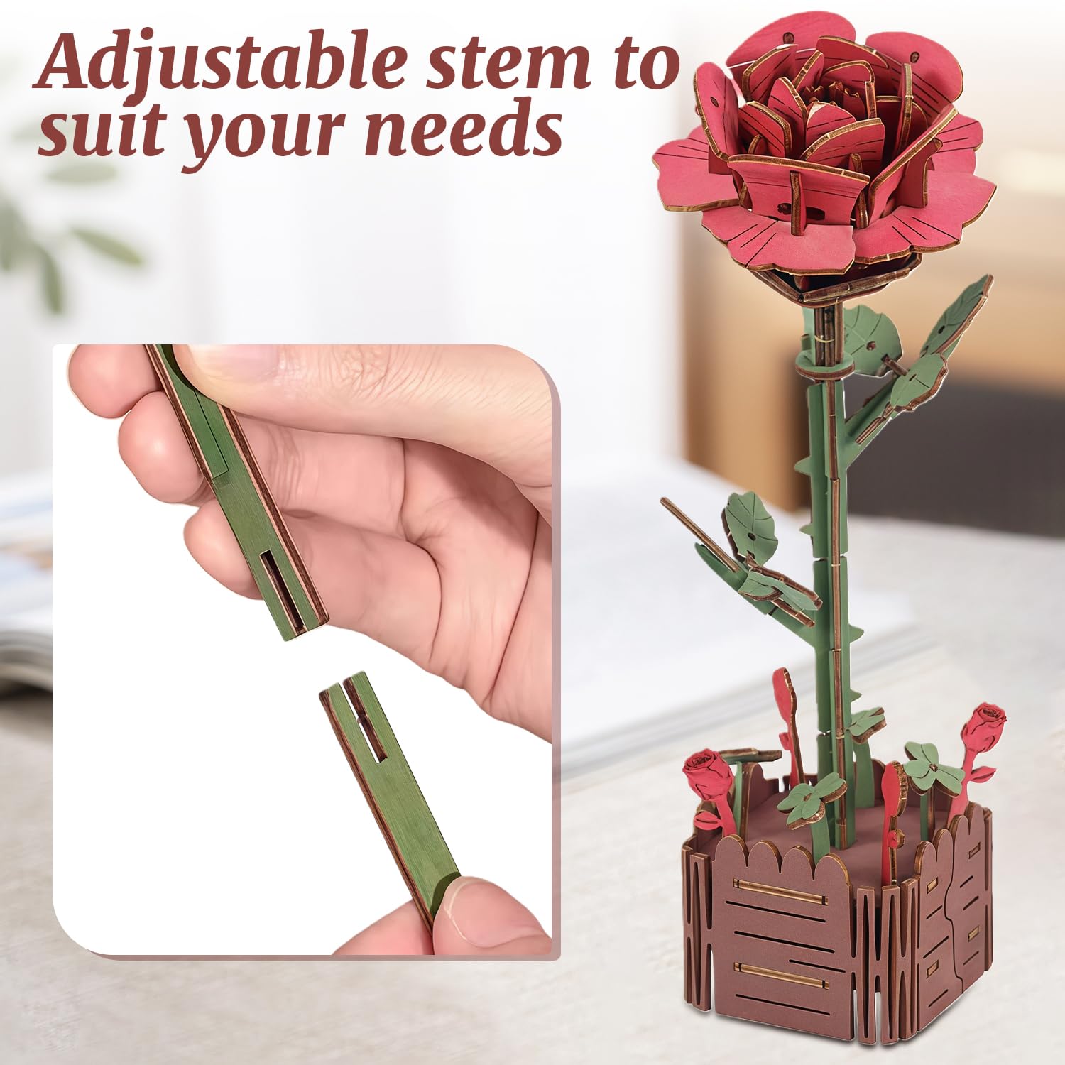 Wooden Bloom 3D Puzzle for Adults DIY Flowers Bouquet Assembly Model Kit with No Tools, Home Decor Gift for Women (Rose) - Image 3