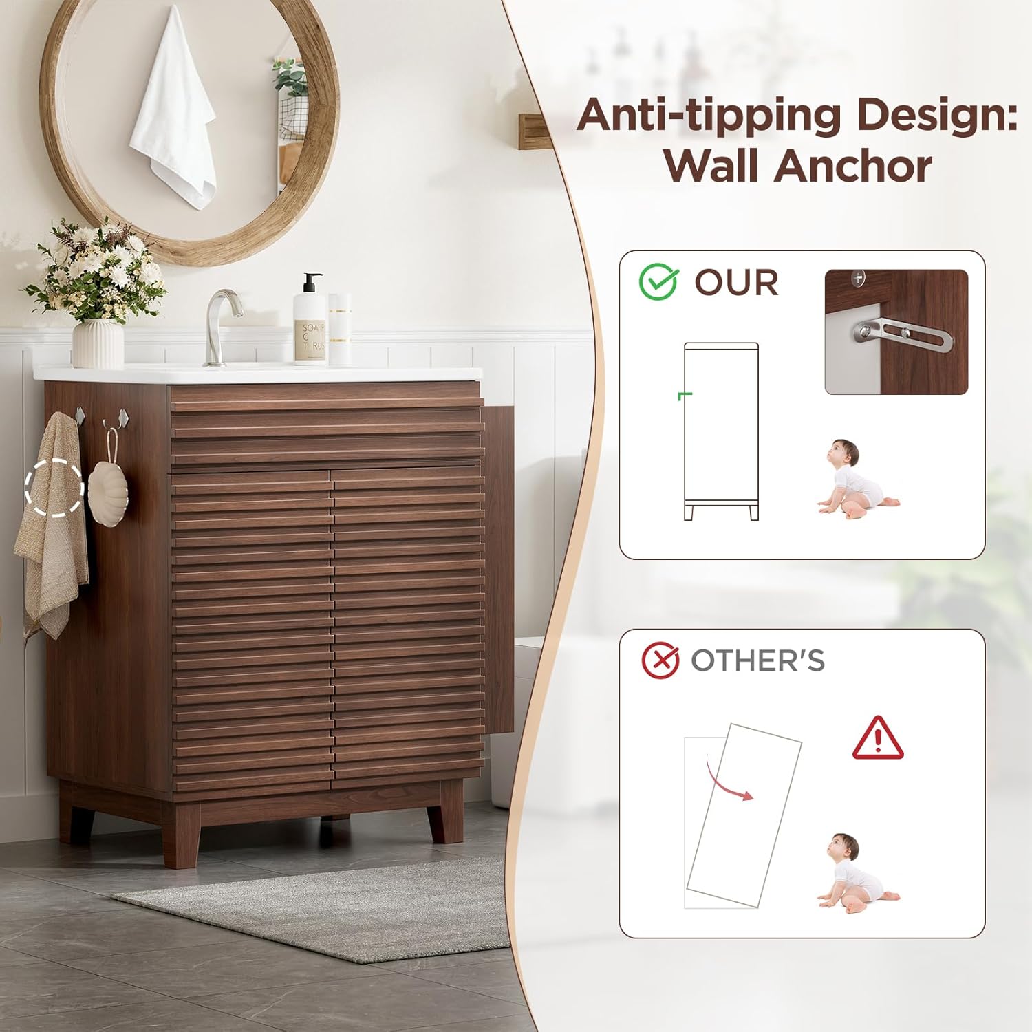 Vabches 29" Bathroom Vanity with Sink, Mid-Century Bathroom Vanity Cabinet with 3 Open Side Storage Shelves and 1 Drawer, Free Standing Small Bathroom Sink Cabinet Combo Set, Walnut