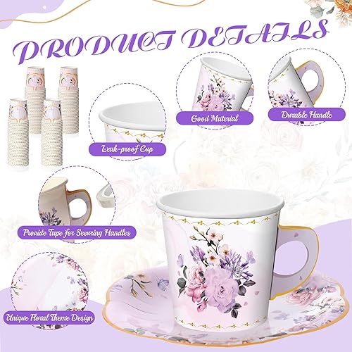 Miniatura 3 de Umigy 60 juegos de decoraciones de fiesta de té, tazas de té de papel floral de 6.5 onzas con asa y platos, juegos de tazas de té y platillos