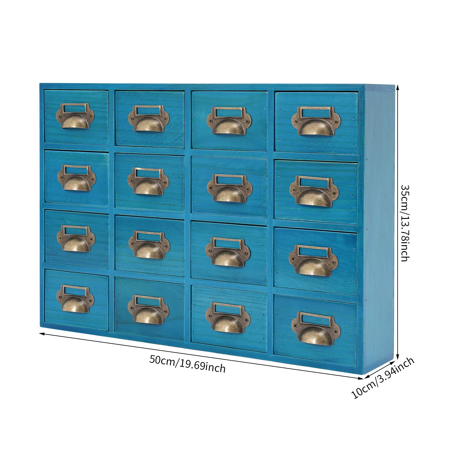 16-Fächer Aufbewahrungsschrank aus Massivholz & Metall | 10kg Tragkraft, 35cm Höhe, Platzsparend | Vintage Design mit Griffen, Keine Montage | für Büro/Zuhause (Blau)