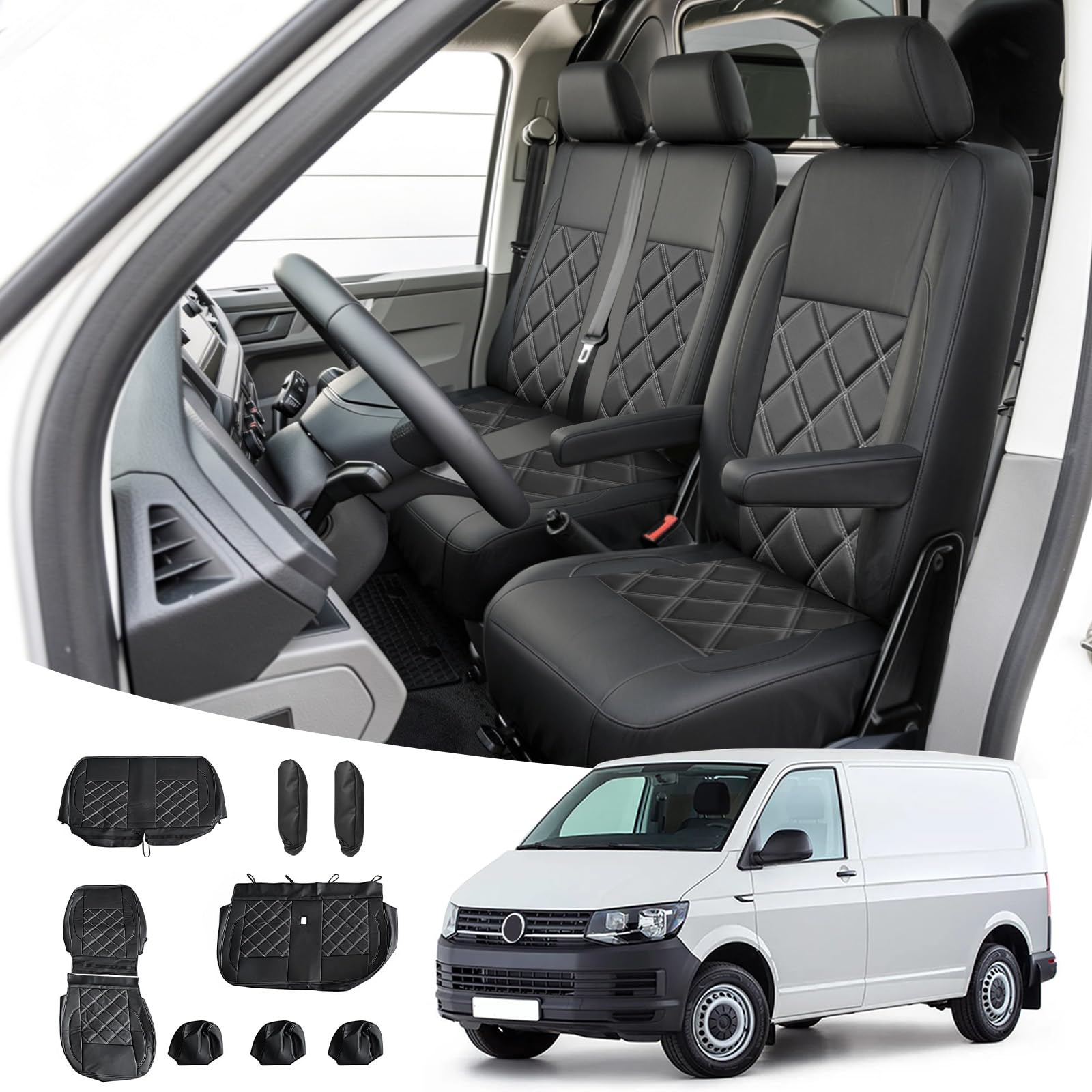 Housse de sièges avant 1+2 compatible avec Volkswagen Transporter T6 T6.1 | Couverture Siège 2+1, véhicule LHD conduite à gauche, Confortable, Respirant