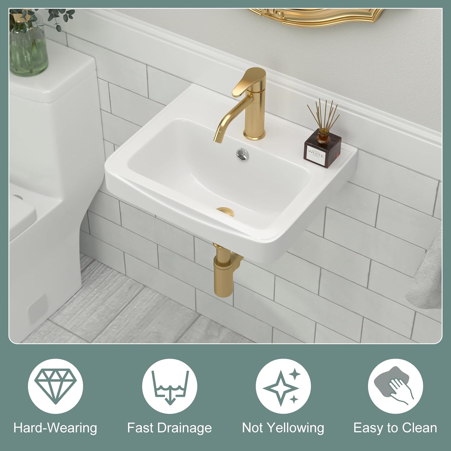 Floating Wall Mount Sink, Small Space-Saving Bathroom Sinks - Beslend 17"x14" Inch White Ceramic Vessel Sink, Rectangular Bowl White Art Basin with Overflow and Single Hole