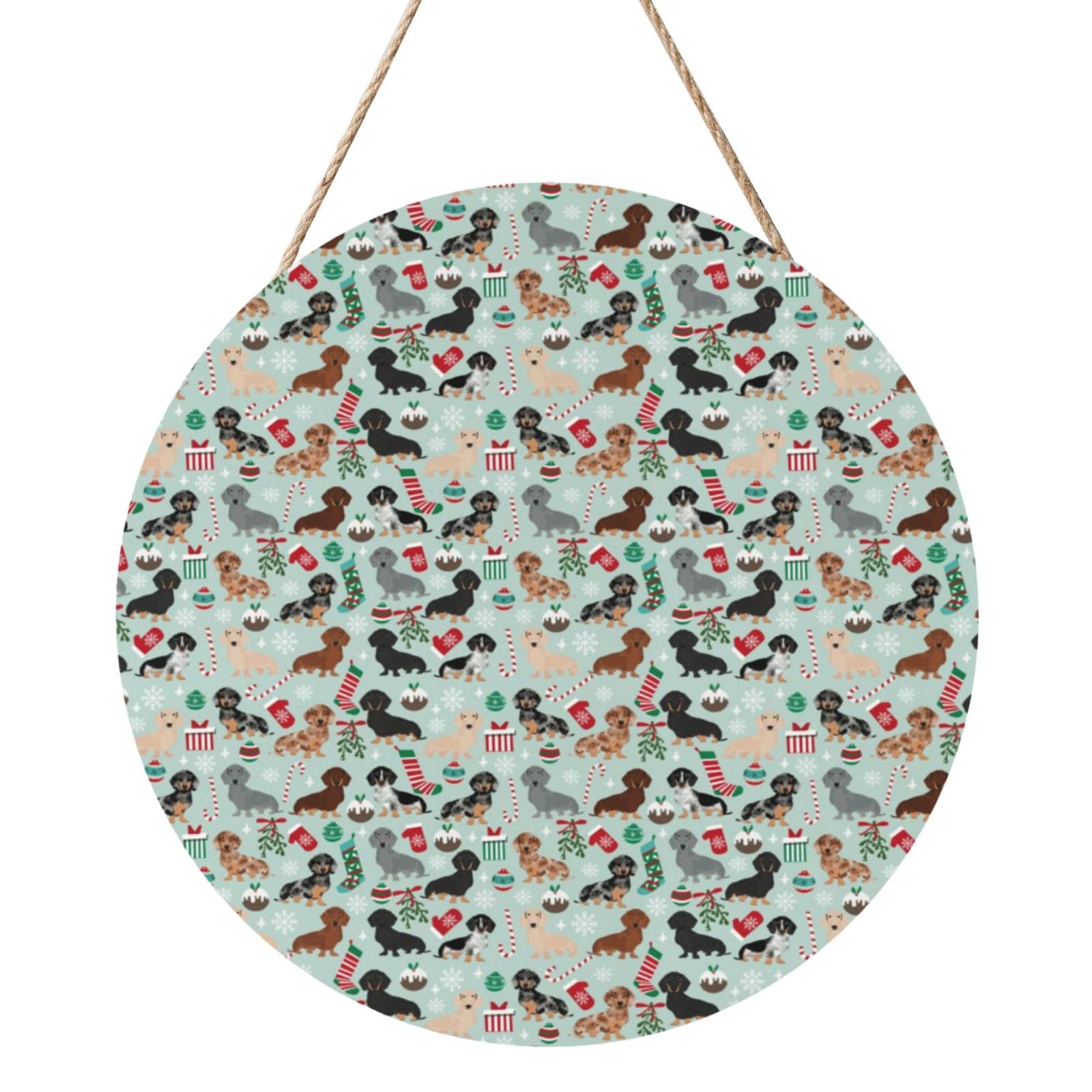 InOmak Doxie Christmas Dachshunds Dog Xmas Holiday Dog, Round Wood Panel Painting 12 in, Wall Hanging Painting For Home