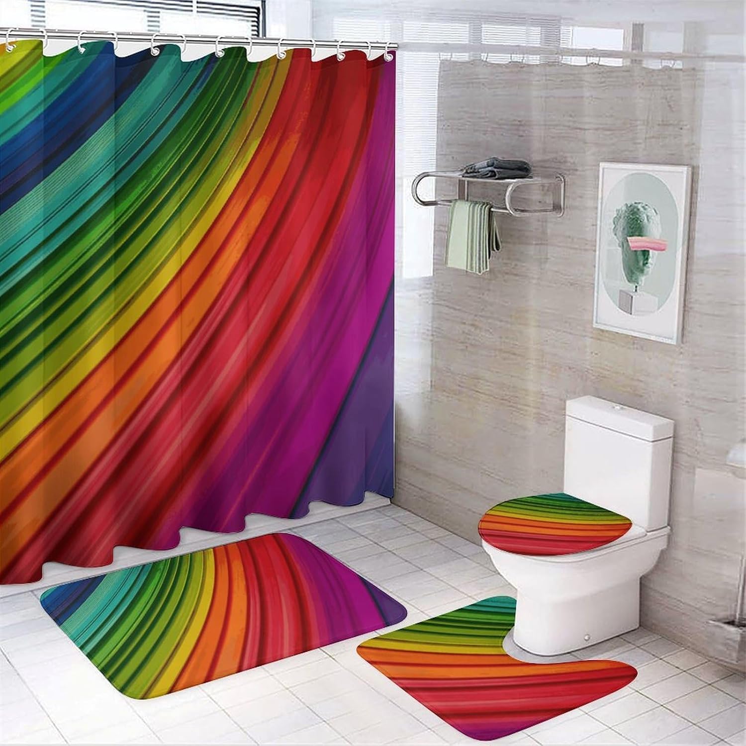 Rainbow Color Stripe Shower Curtain Set 4 Piece, Non-Slip Bath Mat with Toilet Lid Cover and Waterproof Shower Curtain with 12 Hooks, Complete Bathroom Set for Home Decor