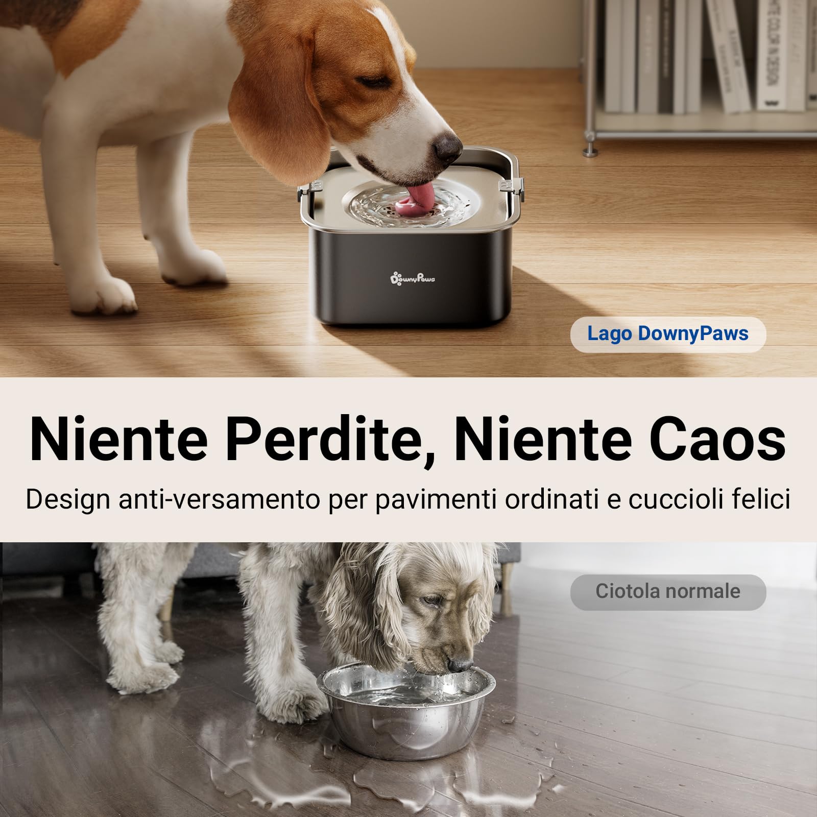 DownyPaws Ciotola Acqua Cane Antigoccia per Piccoli e Medi, 3L Ciotola Antigoccia Cane in Acciaio Inossidabile, Ciotole Acqua Cani Antipolvere e Antiscivolo, Mantiene Pavimento Asciutto (Nero)