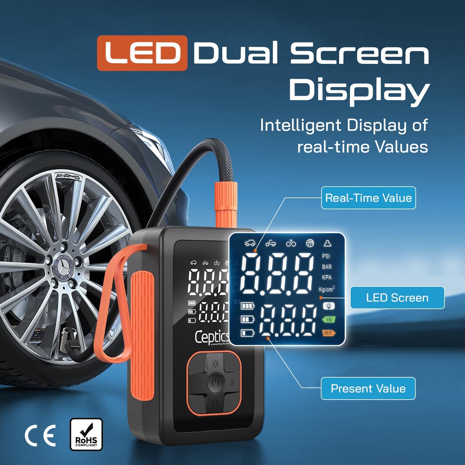 Ceptics TI-H100 Tyre Inflator with LED Dual Screen Display