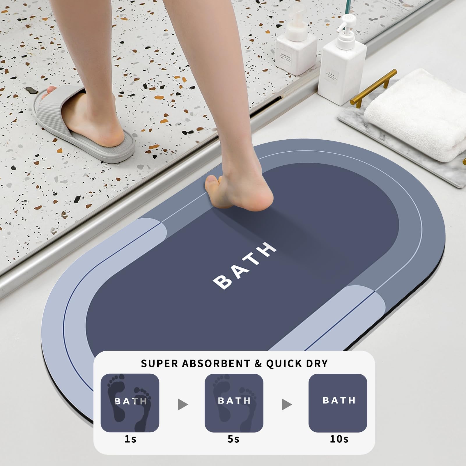Doilc Bath Mat Rug for Tapis de Bain Tapis de Salle de Bains en Caoutchouc Antidérapant à Séchage Rapide (Blue, 60 x 90 cm (Oval))