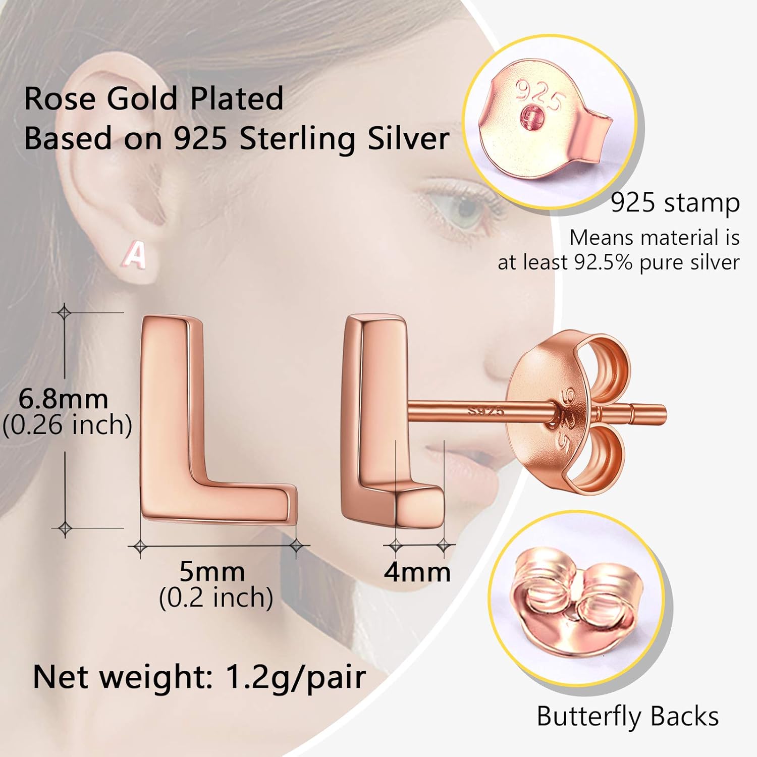925 Sterling Silver Trendy Initial Earrings for Women, Yellow Gold/Rose Gold Plated/Cubic Zirconia Solid Silver A-Z Dainty Letter Hypoallergenic Ear Studs, Come Gift Box