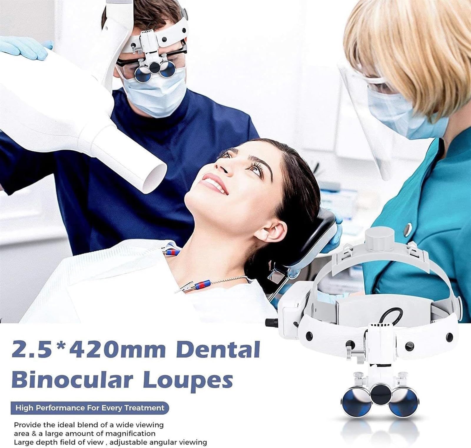 Lupa Dental, Binocular de 2,5 aumentos con luz Frontal y Diadema, 30 000 Lux de Alto Brillo, Ligera, Equipo de Laboratorio Binocular de Aumento para otorrinolaringología y estomatología.
