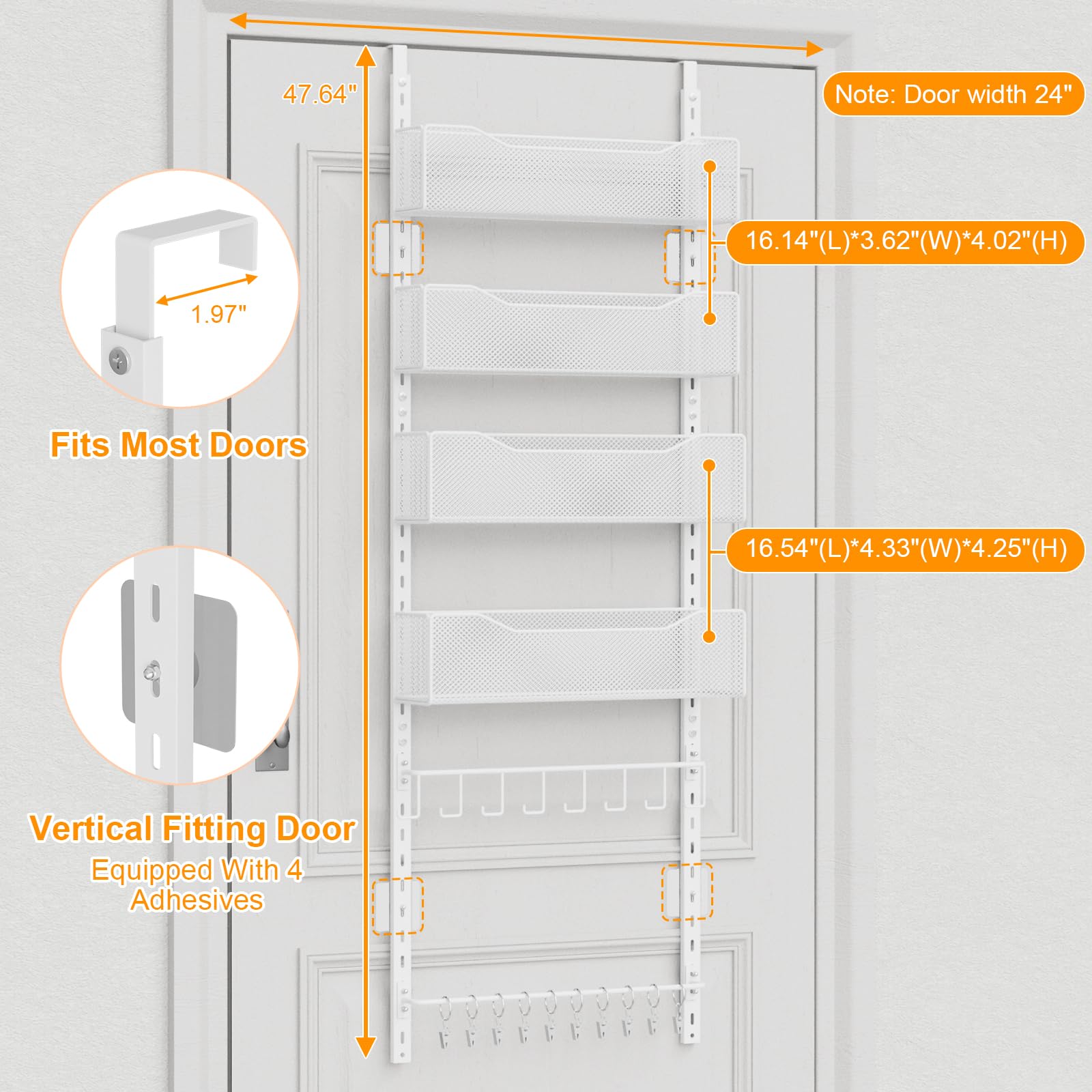 Über-der-Tür-Organizer, 2-in-1-Kleiderschrank-Organizer und Hutablage aus Metall mit 4 Verstellbaren Körben, 8 Haken, 10 Clips, Aufbewahrung hinter der Tür für Schlafzimmer, Badezimmer (weiß)