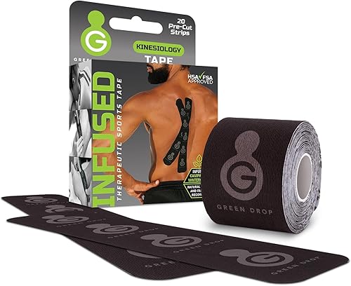 Miniatura 5 de Green Drop Cinta de kinesiología, infundida para recuperación muscular, cinta deportiva terapéutica para hombros, rodilla, espalda, negro, tiras