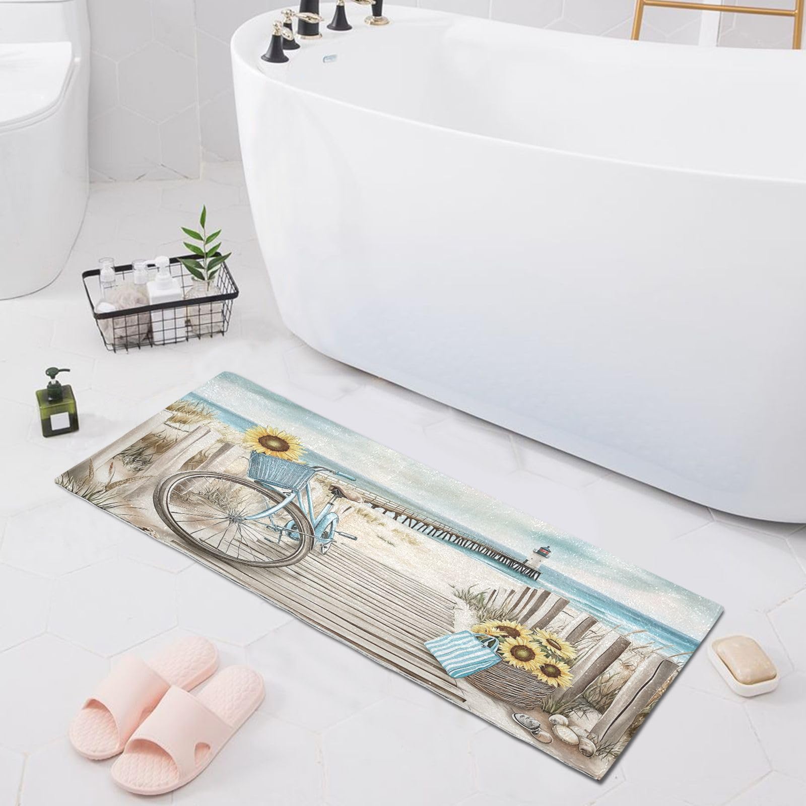 Wooden Plank Road Bike Sunflower Bath Rug Mat 39x20, Soft Absorbent Microfiber Bathroom Rugs, Non-Slip Plush Bath Carpet, Rubber Backing Quick Dry