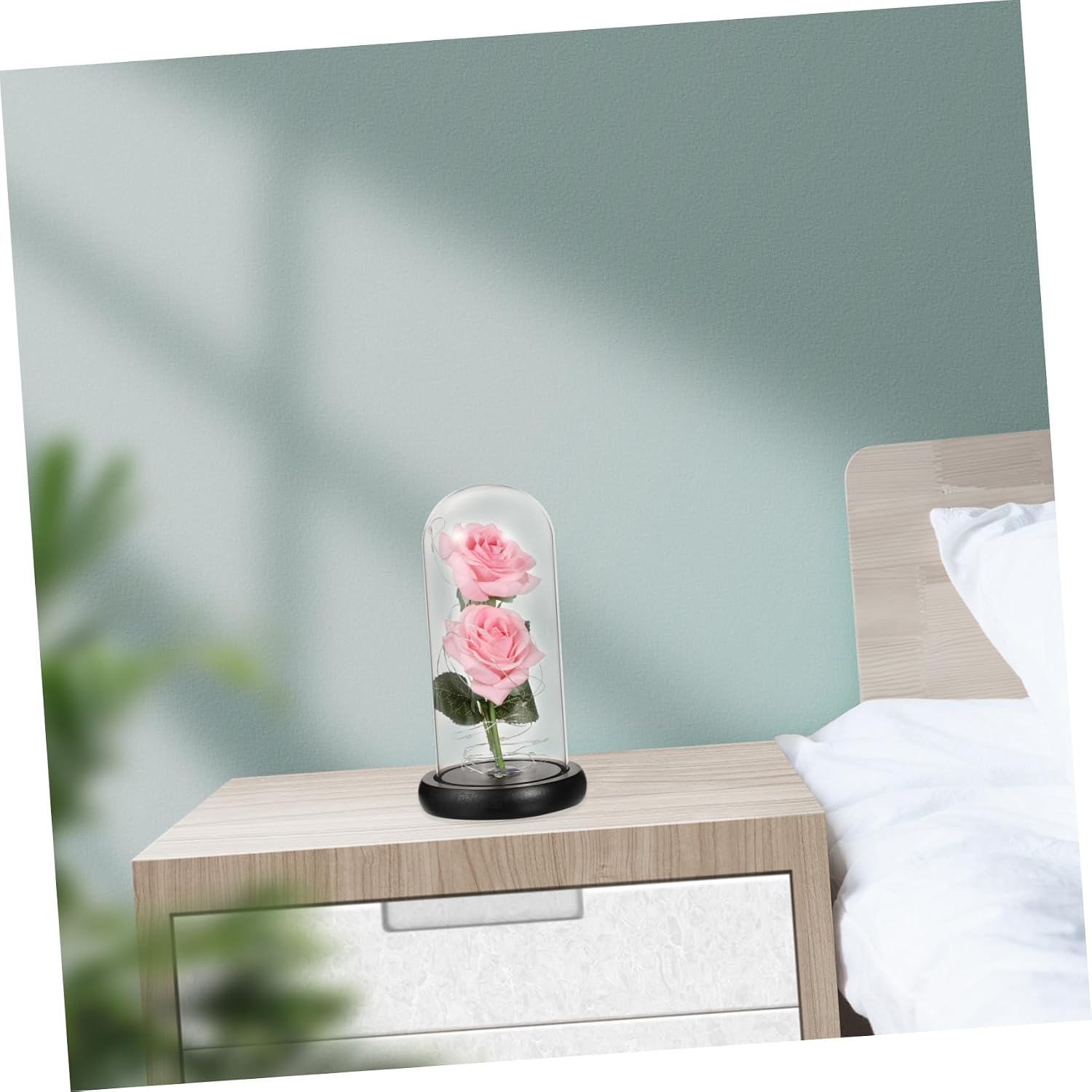 Romantic Rose Lamp with LED Light, Glass Dome Figurine, Pink Artificial Rose Decoration for Valentine’s Day, Black Base, Battery Not Included, Romantic Home Accent