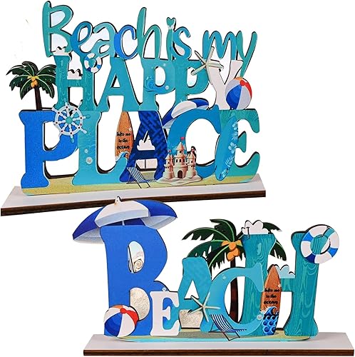 2 letreros de playa con diseño de animales marinos y océanos, decoración de fiesta de playa es mi lugar feliz, letrero de madera para decoración de