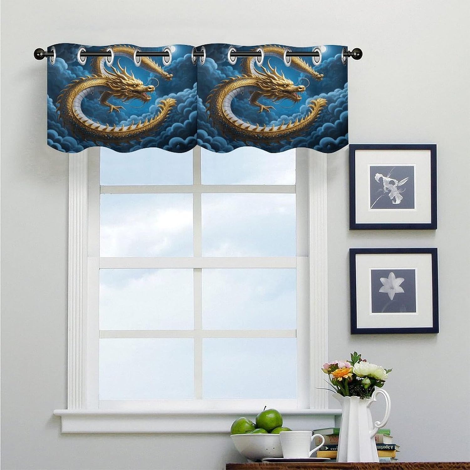 Blue Dragon Curtain 2 Panels, Polyester Fiber, Blackout Insulated Window Curtain, Curtain Valance for Kitchen Dining Room Living Room Cafe Small Window 52 * 18.1 Inches