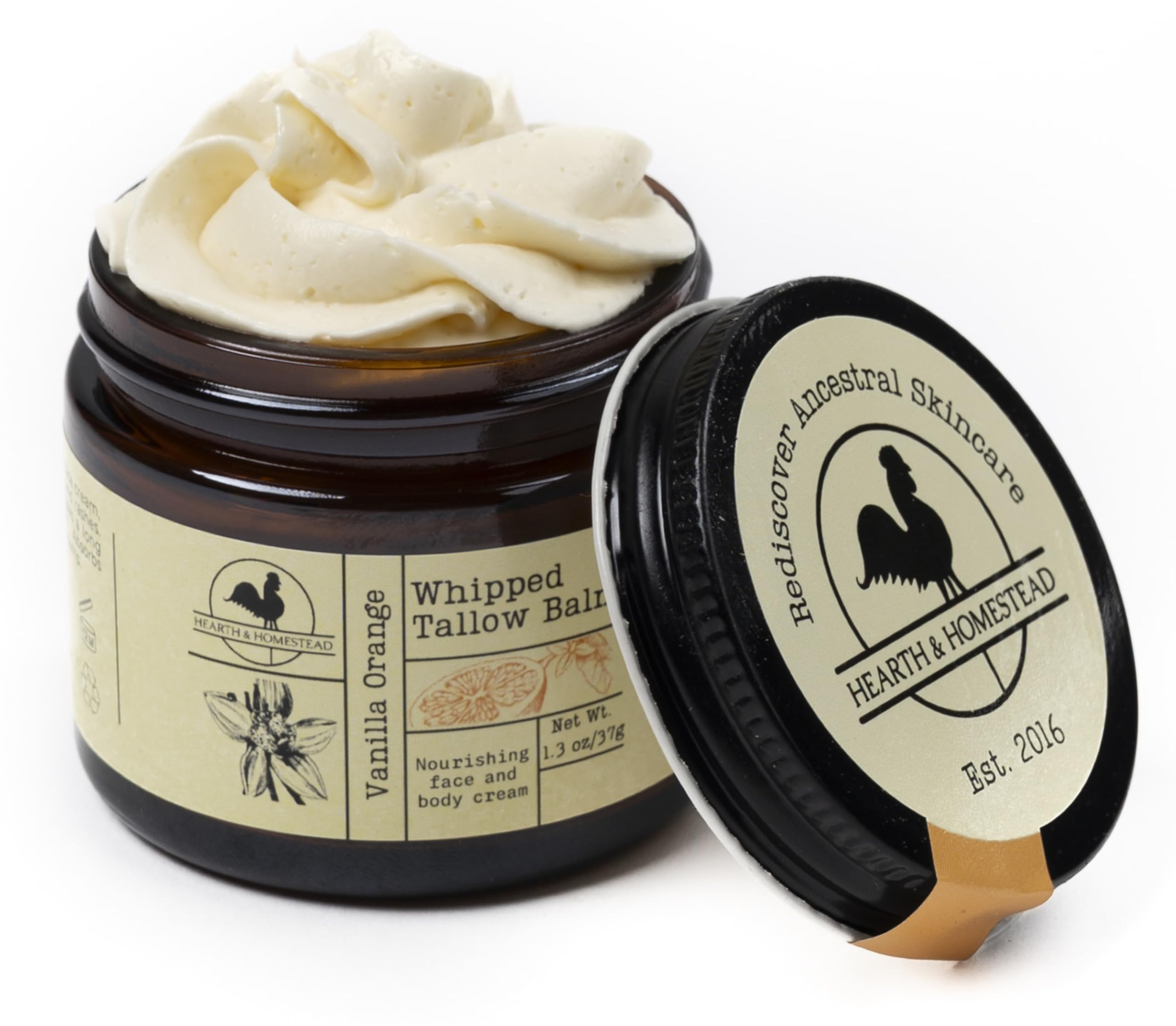 Hearth and Homestead: Handmade Whipped Tallow Balm (Vanilla Orange) - Organic Body Butter with Infused Olive Oil, for Eczema, Rosacea, Baby - 1.3 oz