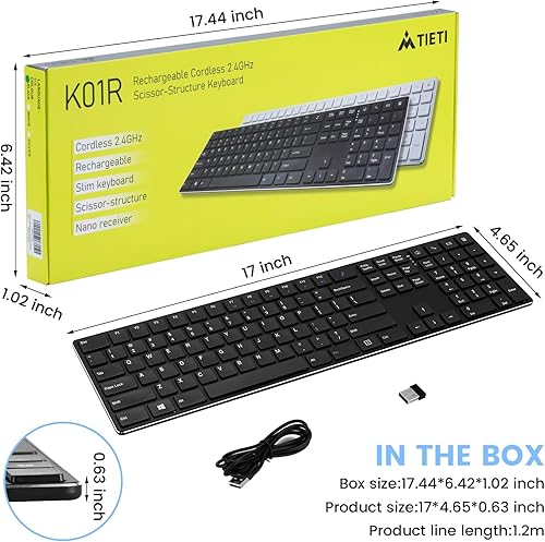 Miniatura 7 de K01R - Teclado inalámbrico, 2.4G, delgado y compacto, con teclado numérico, batería de larga duración, sin retrasos para PC, laptop, computadora,