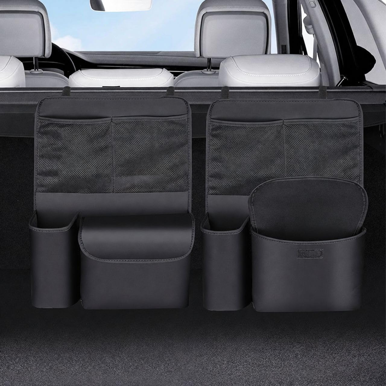 QIZUN Car Boot Organiser for VW Tiguan 2 II & Allspace 2017-2024 (5-Türer SUV), Hanging Car Organiser with Anti-Sag 3-Point Anchoring, Road Trip Storage, 4 Large Deep Pockets,2-Pack