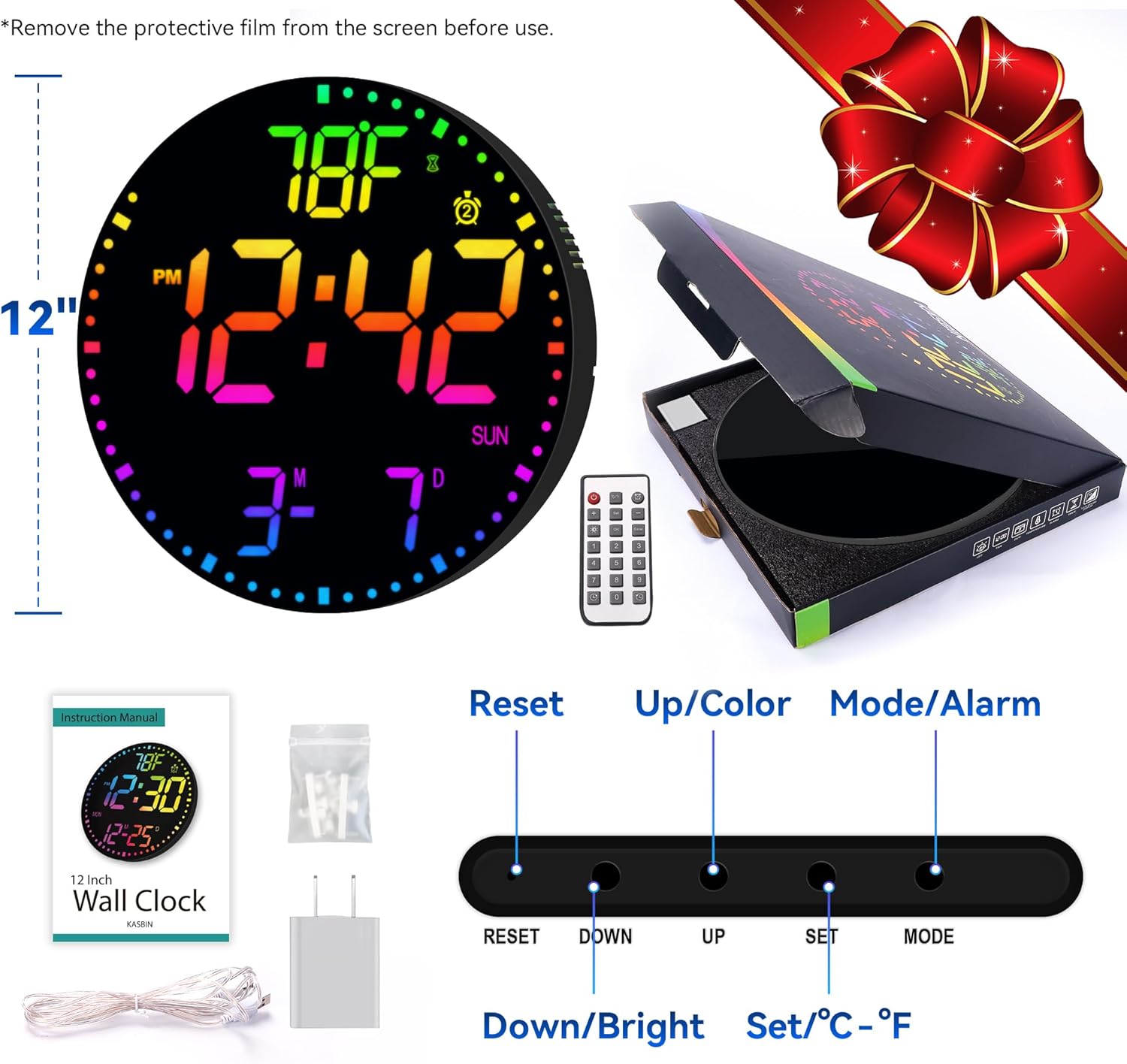 Kasbin 12 Inch Large Digital Wall Clock with Remote Control, RGB Color, Alarm, Timer, Date, Temperature, LED Display for Classroom, Living Room, Bedroom, Gift for Elderly (Black Mirror, 12")