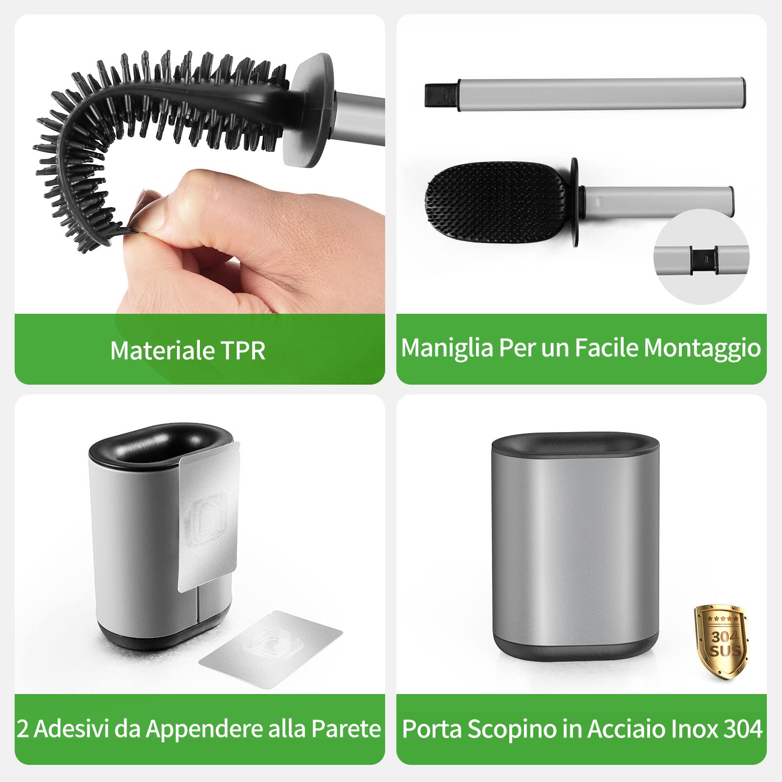 Scopino WC HOMEASY Con Base Acciaio Inox | Asciugatura Rapida, Nero - Foto 5