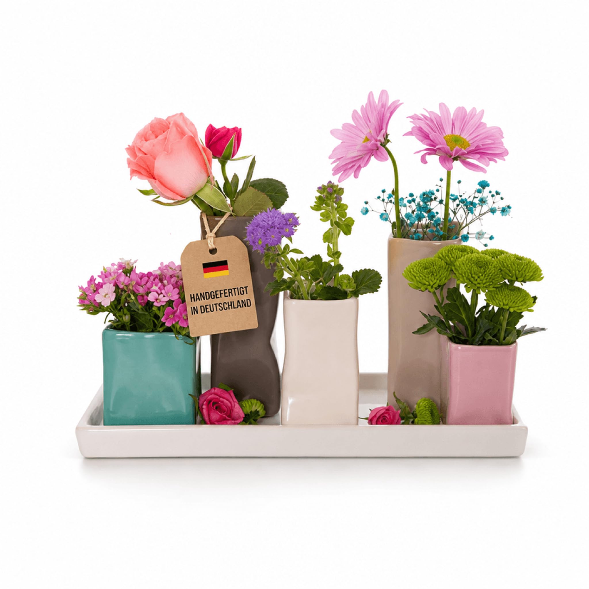 Vasi per fiori decorativi ceramica centrotavola design | Multicolore 29,5x11x15,5 cm | 5 vasetti