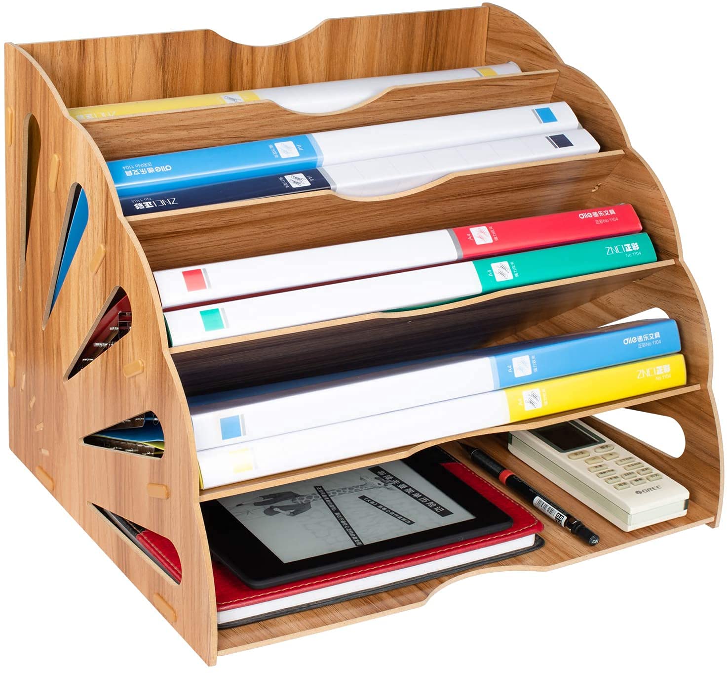 N\C Desk File Organiser,Wooden Filing Trays 5 Slots Wooden Holders Frames File Dividers Document Cabinet Rack Display And Storage Organiser For A4 Paper, Magazine, Paperwork And Document