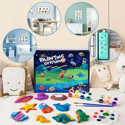 Miniatura 3 de Juboury Kit de manualidades para niños, pintura en yeso, juego de arte para pintar tu propio espacio, dinosaurios y figuras de vida marina, kit de