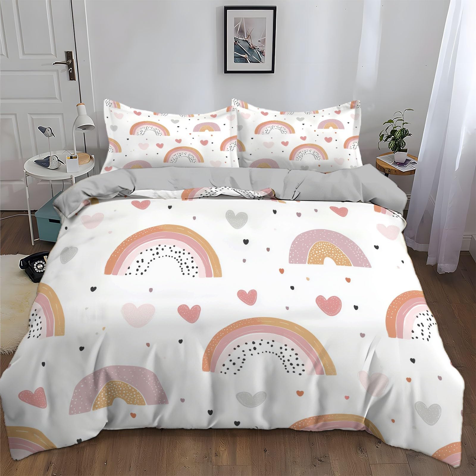 Duvet Cover King Size Cartoon Rainbow Love Reversible 3 Pieces Duvet Cover Set, Bedding Set for All Season, Soft and Breathable Bedding Set with Zipper Closure