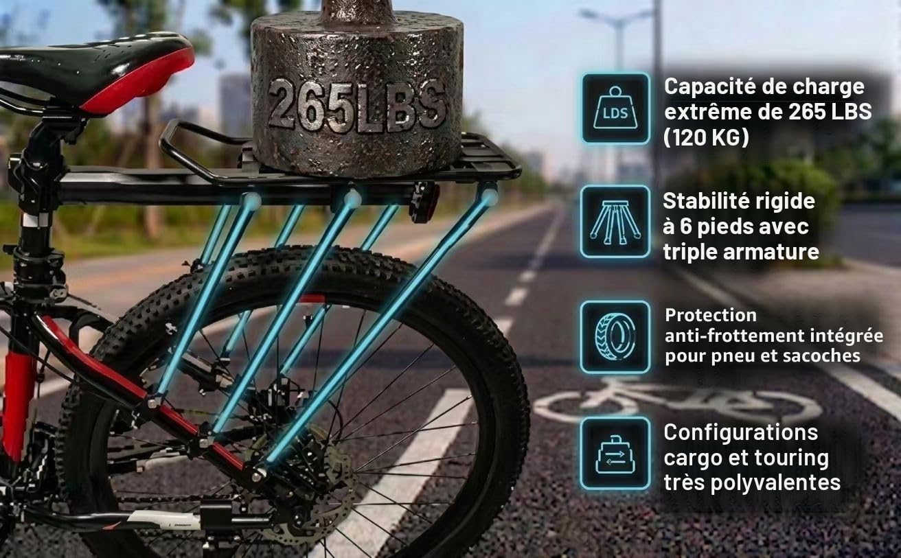 Porte-bagages COMINGFIT pour vélo réglable et à déverrouillage rapide en alliage, capacité de 120 kg, convient pour vélos de 61 cm, 66 cm, 69,8 cm, 73,7 cm