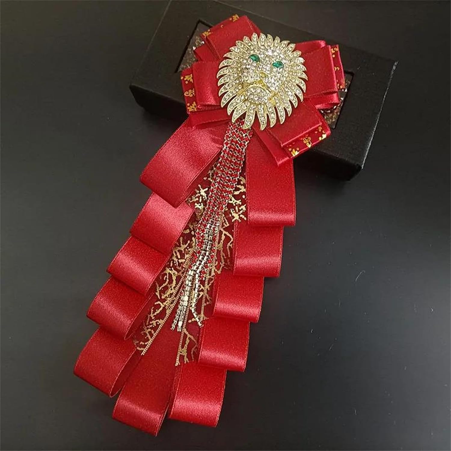 Womens Mens Lion Bow Tie Tassel Brooch Luxury Rhinestone Handmade Ribbon Collar Flower for Suit Shirt