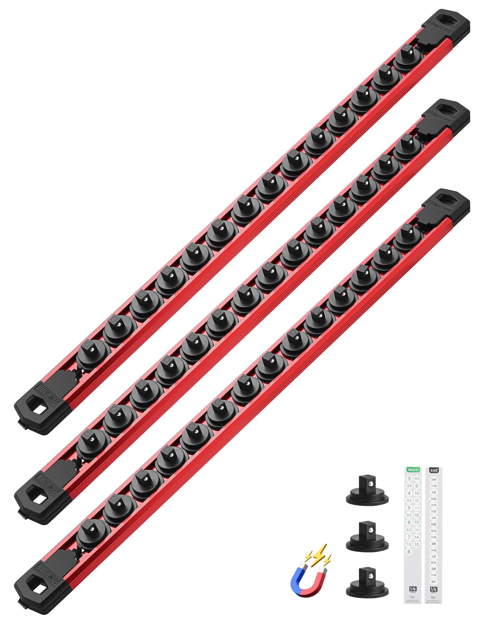 ALOANES Magnetic Socket Organizer Set, 3-Piece Heavy Duty Aluminum Socket Rails, 360° Swivel Clips Socket Rail Kit for Tool Tray Drawer Fit 1/4-Inch x 42 Clips (Red, 3PC)