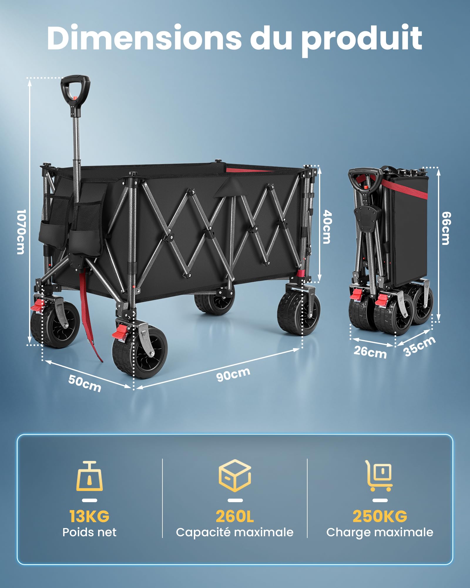 YEAUPE PRO Chariot Pliable 260L 250KG, Chariot de Plage Tout-Terrain Léger 13KG, Roues Large 17cm, Multifonction pour Jardin, Courses, Plage, Pique-Nique & Activités Extérieures