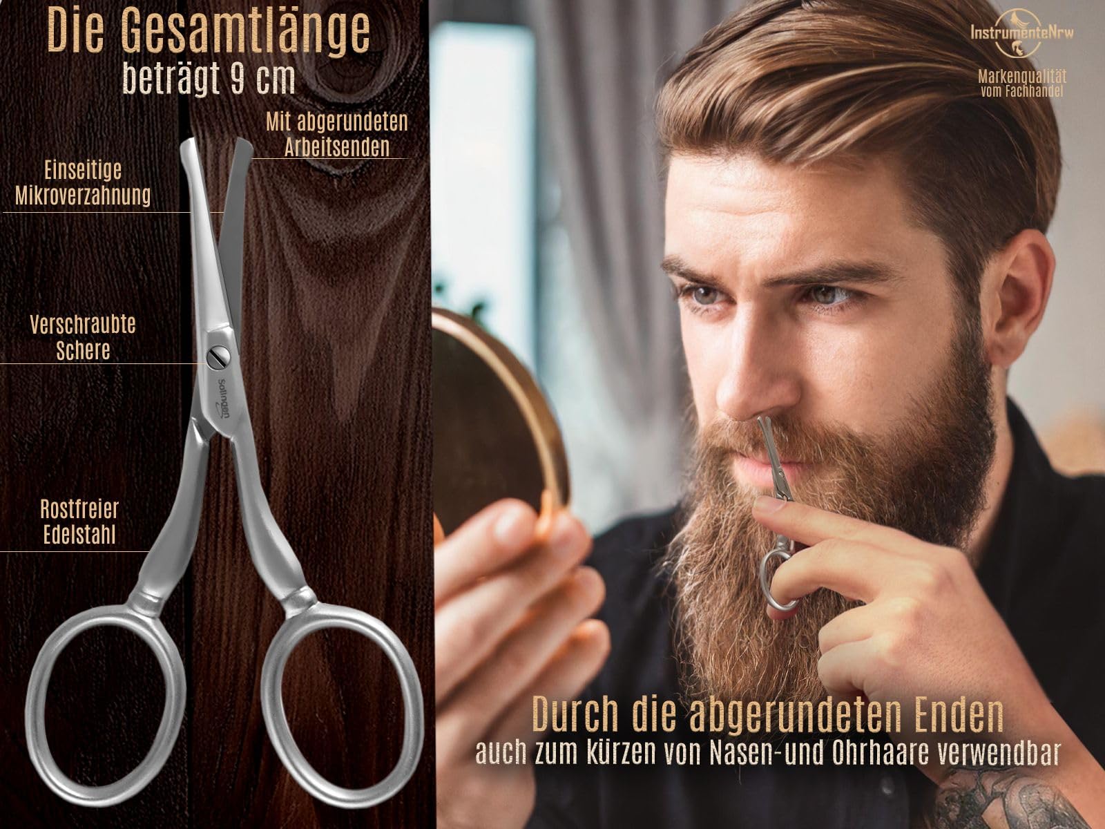 Bartschere Solingen Haarschere Bartpflege Schere mit einseitiger Mikroverzahnung Made in Germany Schnurrbartschere Edelstahl Rostfrei zum Kürzen von Barthaaren, Ohrhaaren und Nasenhaaren (3,5 Zoll)