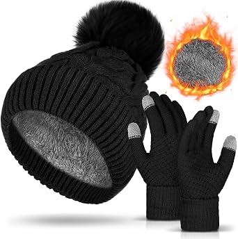 Womens Winter Fleece Lined Knitted Beanie Hat Glove Set, Warm Pom Pom Beanie Knit Cap Touchscreen Gloves for Women