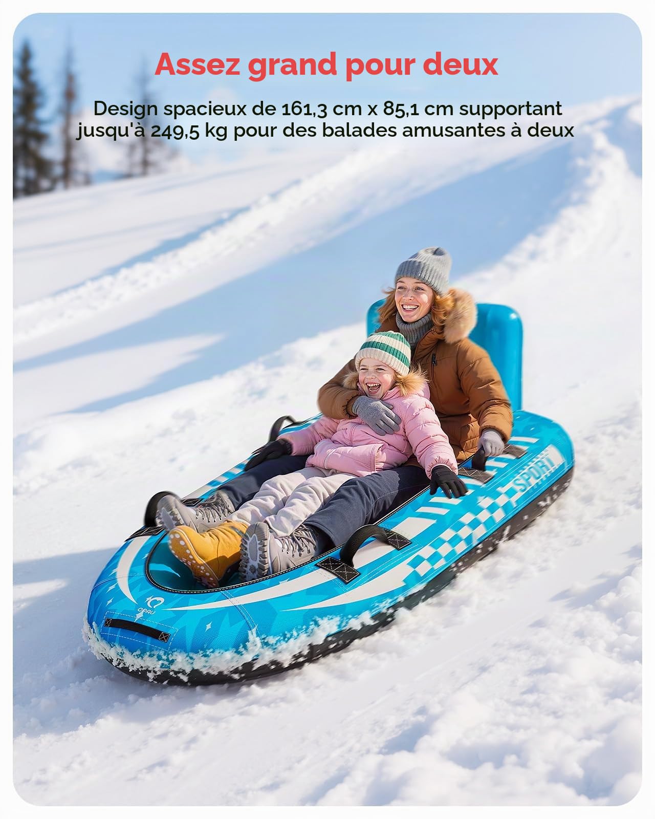 QPAU Luge à neige gonflable pour 2 personnes avec housse en toile de qualité supérieure, traîneau pneumatique robuste avec dossier et poignées renforcées, tubes à neige pour enfants et adultes, jouets