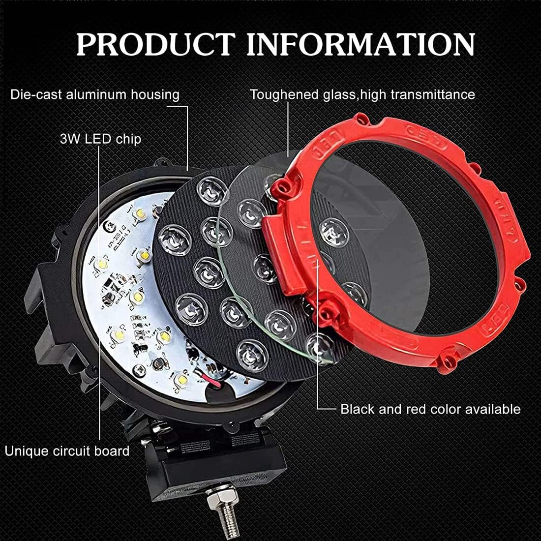 2 Pack 7inch Round LED Offroad Pod Lights Bar 51W 5100LM with Mounting Bracket Red Spot Bumper Driving Lamp Fog Light for Offroader Truck ATV SUV