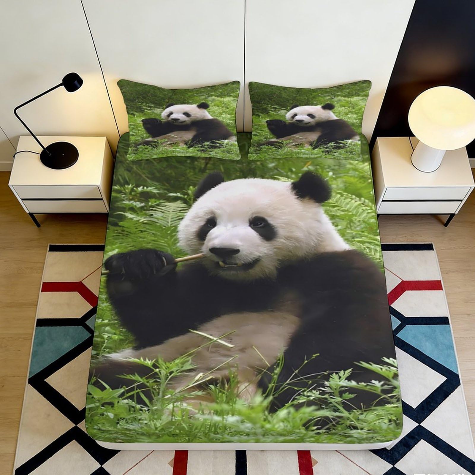 3D Printed Giant Panda Forest Fitted Sheet Microfiber Anti-Slip Bed Cover for Bedroom Dorm Mattress Protection Decor 140x200x25cm