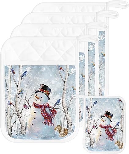 Christmas Snowman 5Pcs Pot Holders for Kitchen,Non Slip & Heat Insulation Terry Cloth Potholder Set with Pocket,Thick Hot Pad Oven Mitts Trivet