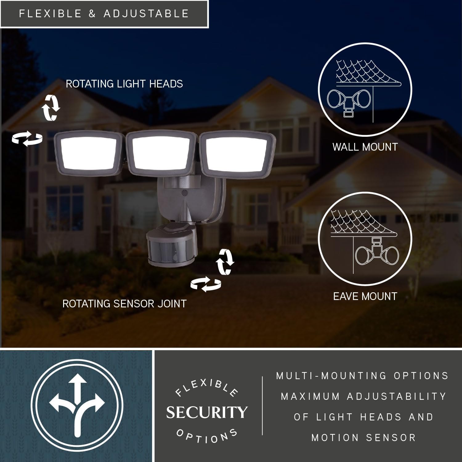VAXCEL Integrated LED CCT Adjustable 3200LM 3-Head Motion Sensor Outdoor Security Flood Light with 5 Modes, Motion-Activated, Dusk to Dawn LED Security Light for Garage, Patio or Yard, Bronze