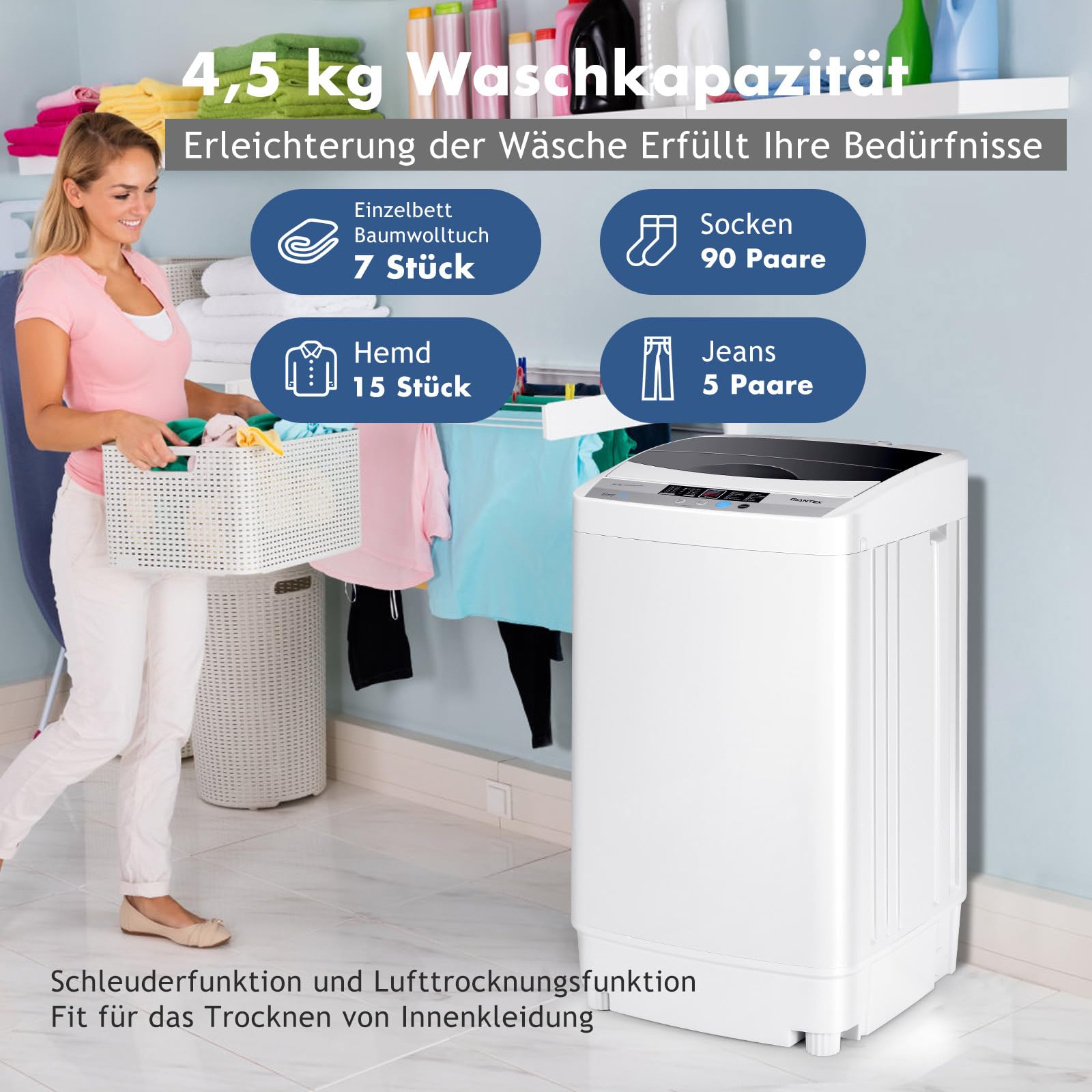 COSTWAY Waschmaschine 4,5KG, Toplader Waschvollautomat mit Pump, Schleuder, Display, Mini-Waschmaschine 310W/ 50×50×85cm klein für Appartement, Wohnmobil