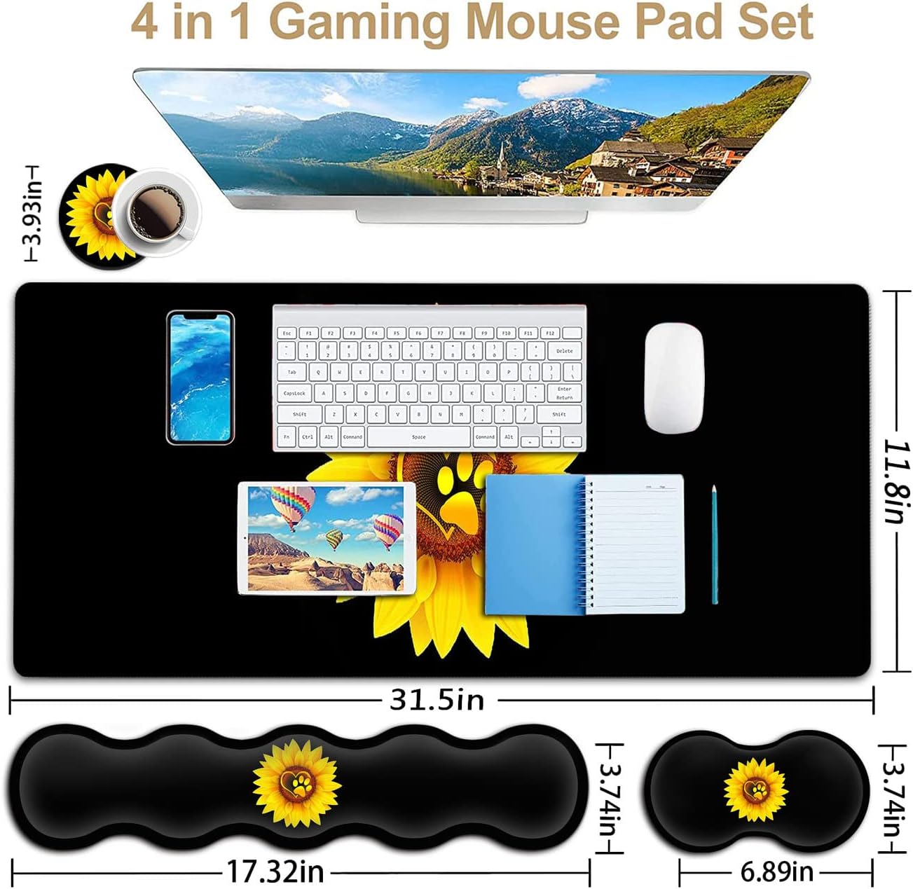 Gaming Mouse Pad Set, Large Mouse Pad and Ergonomic Memory Foam Keyboard Wrist Rest Support, Easy Typing Pain Relief Writing Mat, Extended Office Desk Mat Sunflower Dog Paw Print Black Mouse Pad