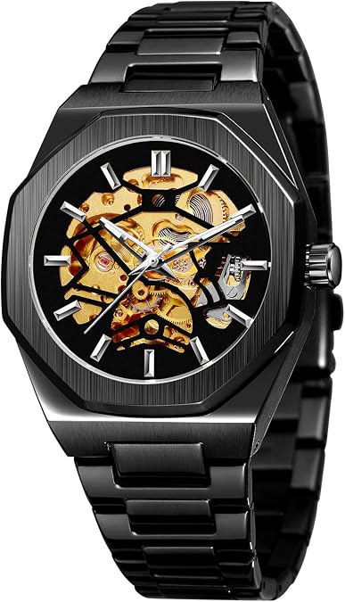 Skeleton Mechanical Watch for Men Automatic Self-Winding Open Heart Design, Octagonal Case, Stainless Steel Band Premium Skeleton Watch for Casual & Formal Wear