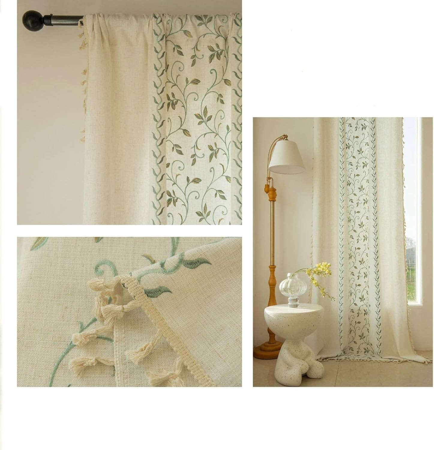 Semi Blackout Curtains for Living Room 55 x 110, Window Curtains for Patio Polyester Linen Look with Green Flowers Embroided, Rod Pocket, 140x280cm