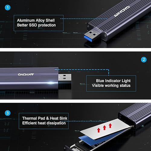 Miniatura 8 de ANYOYO Carcasa SSD SATA M.2 NVME, USB 3.2 Gen 2 10 Gbps Carcasa de unidad de estado sólido para 2242 2260 2280 M.2 NVME/SATA SSD con M-Key o M+B Key